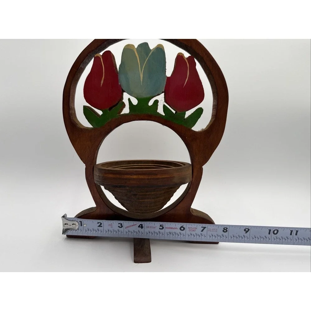 Vintage Spiral Cut Collapsible Wooden Basket Floral Rose Tulip Handmade